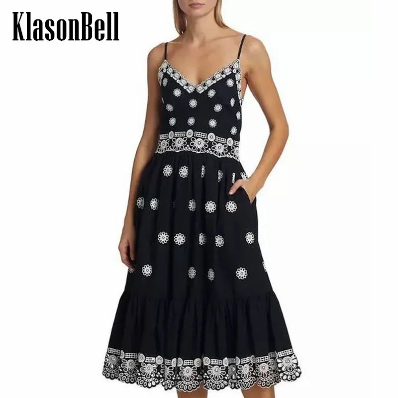 

6.28 KlasonBell Women Vintage Flower Hollow Embroidered Suspender Evening Dress Sexy V-Neck Strapless Collect Waist Mini Dress