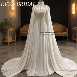 EVON BRIDAL White Muslim Wedding Dresses With Cape Saudi Arabia Women Elegant Bride Beads High Neck فستان فخم للسهرات 2024