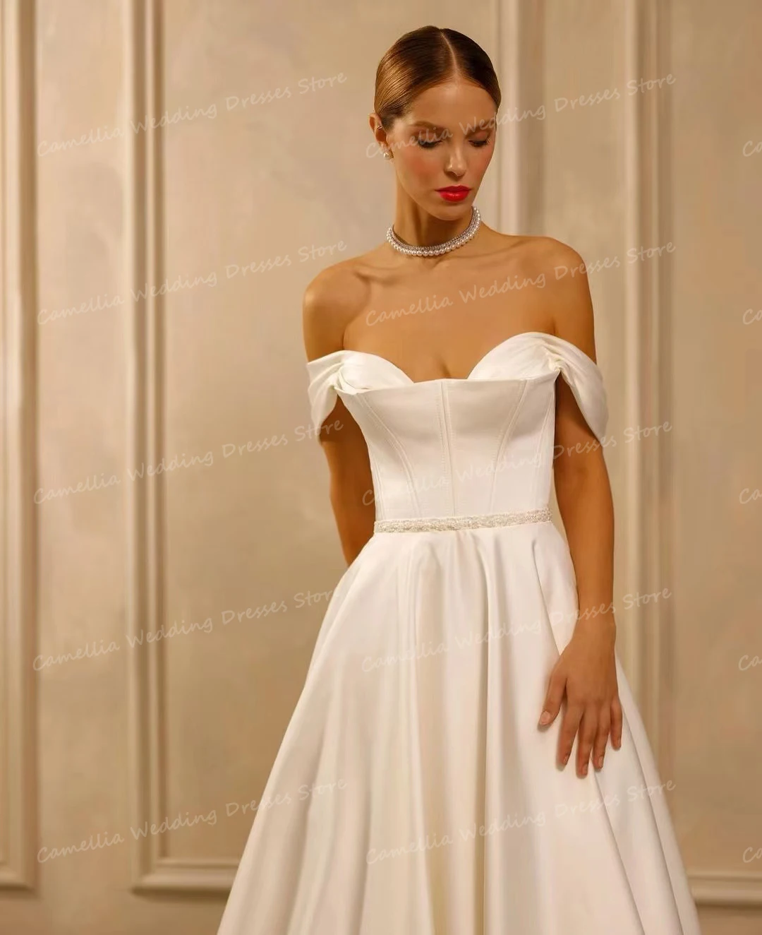 Luxury Backless Lace Up Wedding Dresses  A Line Sexy Sweetheart Satin Women's Bridal Gowns Off Shoulder Elegant Princess Vestido