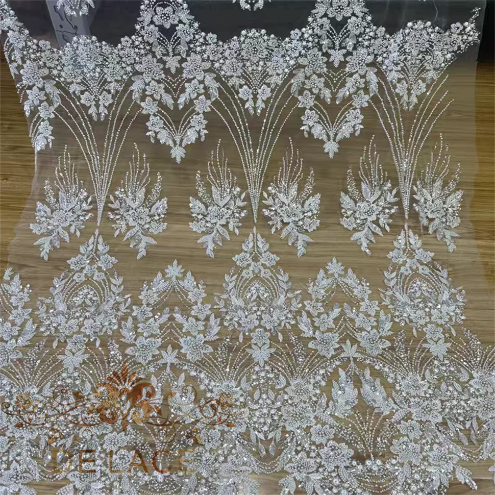 

High Quality Luxury Flowers and Leaves Lace With Shining Sequins and Machine Beaded Wedding Dress Lace Fabric