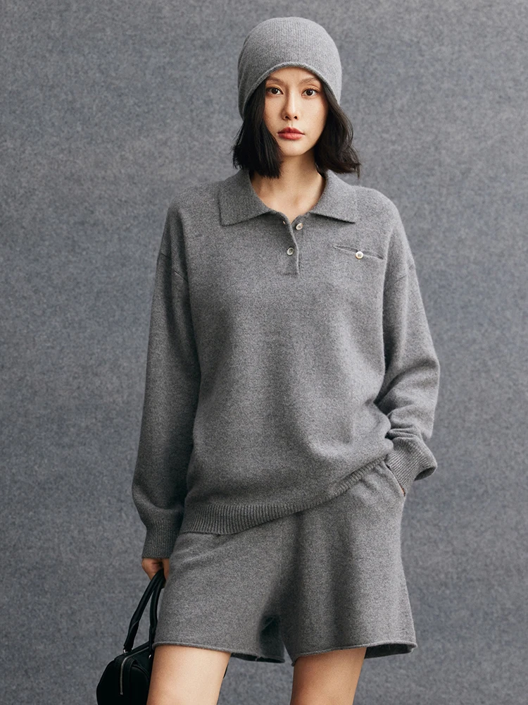 

TLOML Women's 100% Cashmere Sweater Polo Collar Pullover Thickness Cashmere Knitwear Autumn Winter Soft Warm Loose Casual Tops