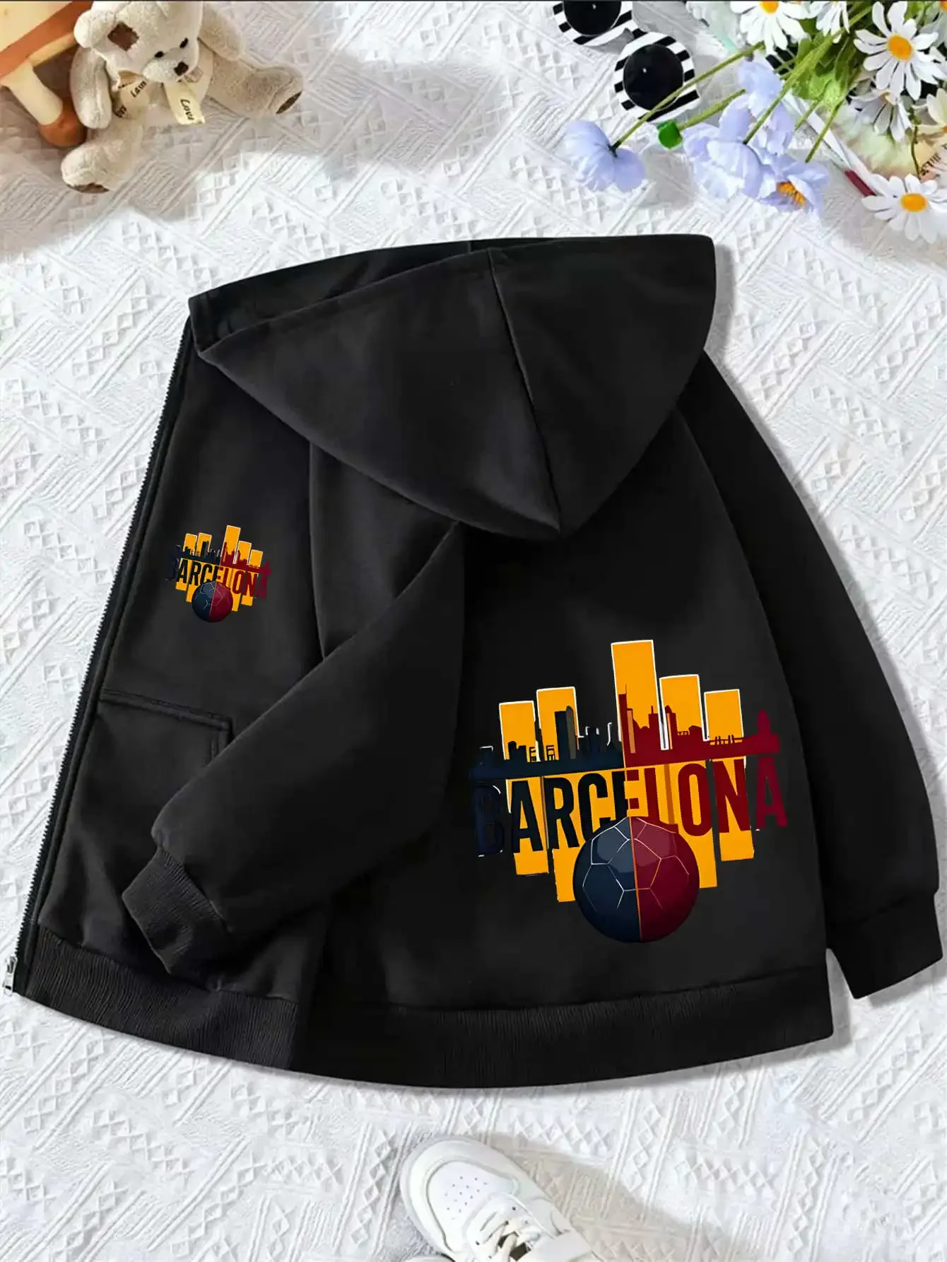 Kids Zip Up Hooded Jacket Barcelona City Skyline Soccer Graphic Long Sleeve Casual Hoodie For Boys Sports Daily Outfit