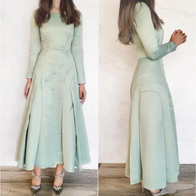 Gaun pesta biru, baju pesta biru, leher O, Arab Saudi, gaun malam elegan, gaun pesta lengan panjang, gaun acara Formal, panjang lantai