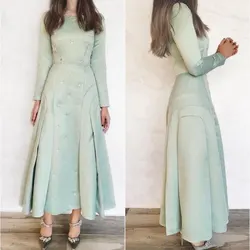 Blue Party Dress A-Line O-Neck Saudi Arabia Elegant Evening Gowns Long Sleeves Prom Dresses Floor Length Formal Occasion Dress