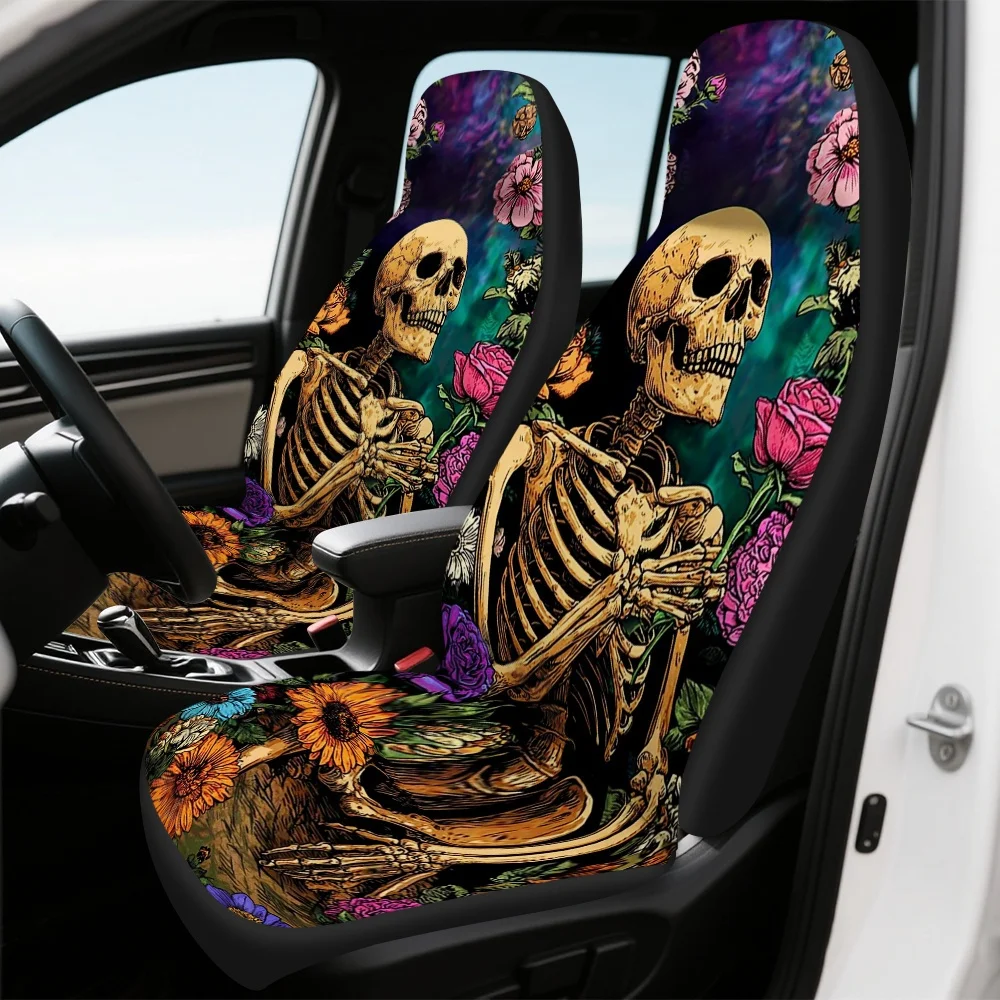 2pcs Gothic Floral Skeleton Car Seat Covers - Soft Washable Polyester, Fit For Cars, SUVs, Trucks - Elegant Floral & Skeleton De