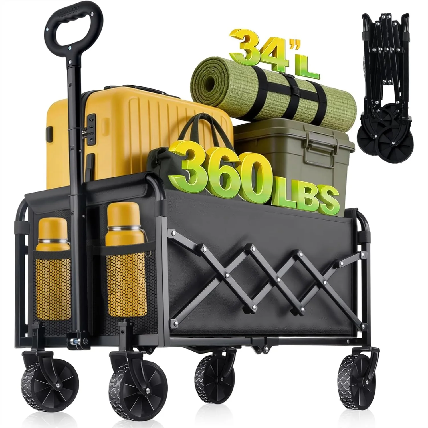 

Heavy Duty Collapsible Wagon Cart, 360 LBS Capacity, All-Terrain Wheels for Grocery Camping Beach