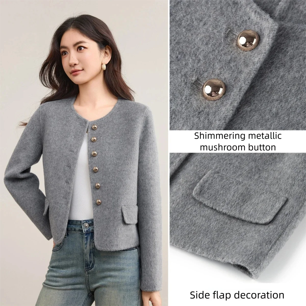 SENTUBILA Wool Coat for Woman Solid Winter 2025 O-neck Long-sleeve Coats Metal Mushroom Button Women's Clothing W54OG3691X