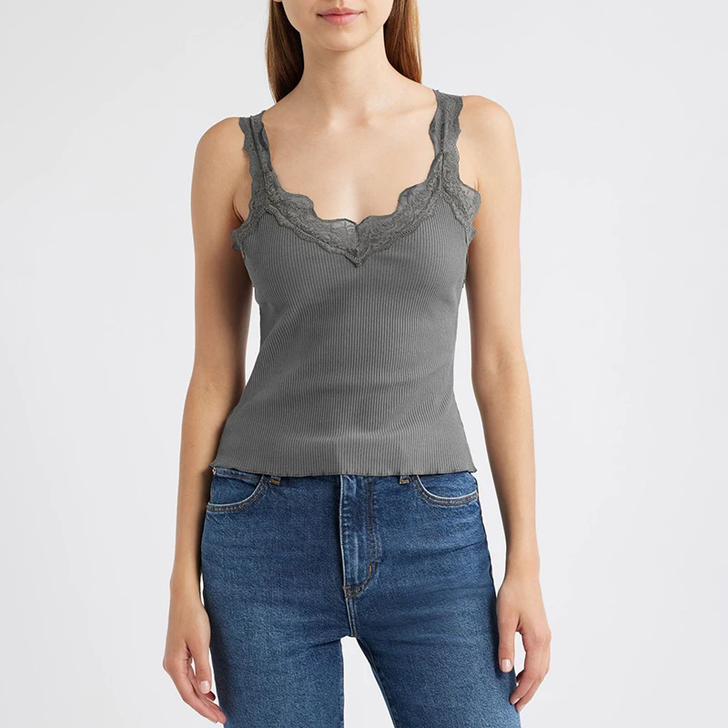 

Typhaland Sleeveless Lace Vest Top For Women Fashion Slim Sexy Club Party Tanks 2026 Summer Fashion Hot Girl Solid Plunge Vest