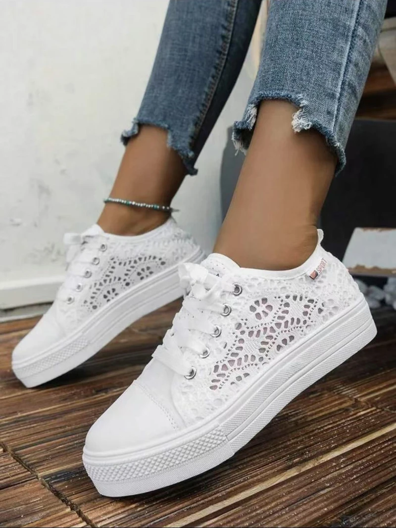 Femmes chaussures mode été décontracté blanc chaussures découpes dentelle toile creux respirant plate-forme chaussures plates femme baskets