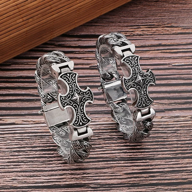 

Men's Vintage Titanium Bracelet Hand-Carved Scrollwork Antique Silver Cross Pendant Quick Release