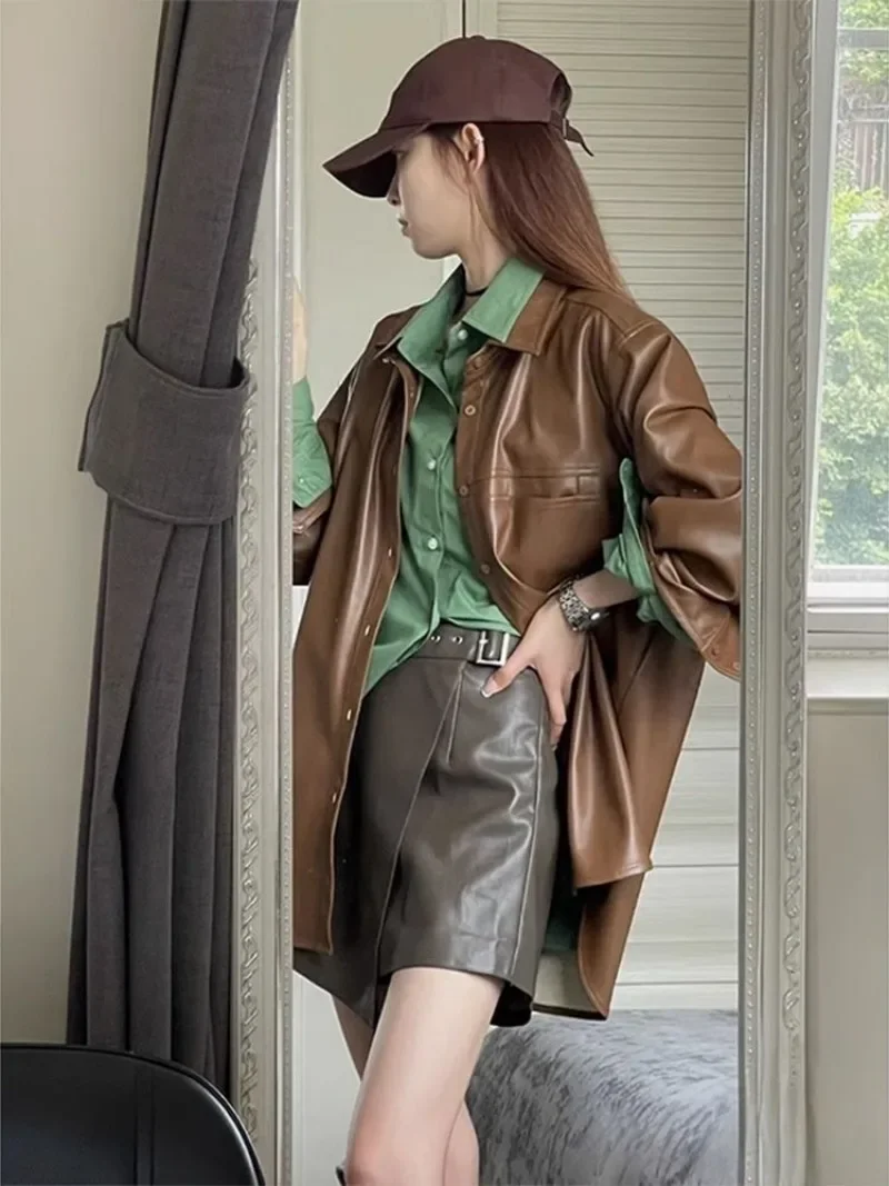 Shpmishal American Retro Maillard braune Lederjacke Motorrad jacke Damen Herbst New Hong Kong Stil High-End-Shirt Top