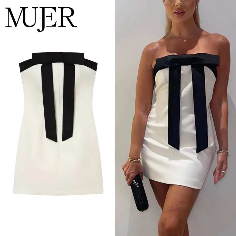 MUJER Satin Rückenfreies Minikleid Damen Schleife Abendkleid Schulterfreies Partykleid für Frauen Sexy Trägerloses Kurzes Kleid