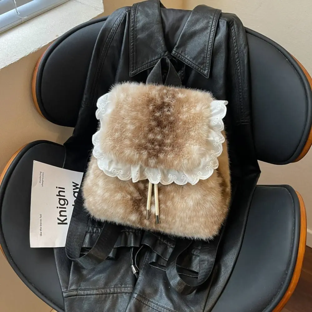 Leopard Print Fluffy Shoulder Bag Soft Deer Spot Faux Fur Backpack Korean Style Large Capacity Drawstring School Bag Shopping