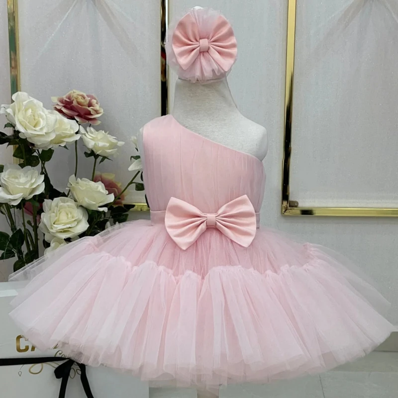 

Light Pink Flower Girl Dresses Tulle Puffy With Bow Single Sleeve For Wedding Birthday Party Banquet Princess Gowns