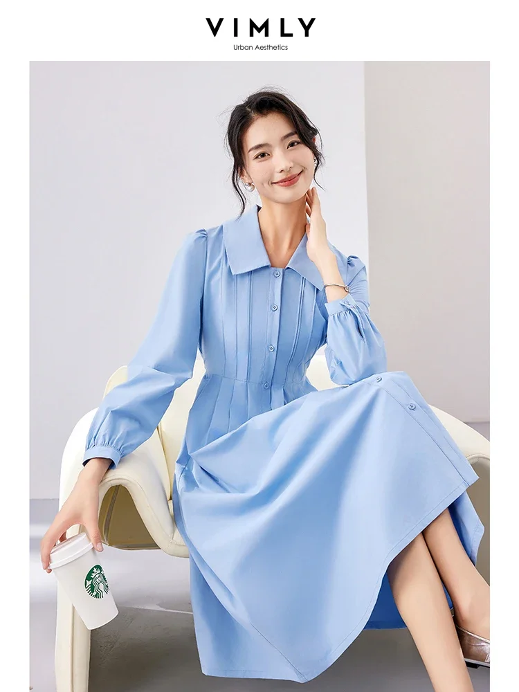 Vimly Cotton 100% Women\'s Blue Button Up Shirt Dresses 2023 Autumn Fashion A-line Lapel Long Sleeve Elegant Midi Dress M2917