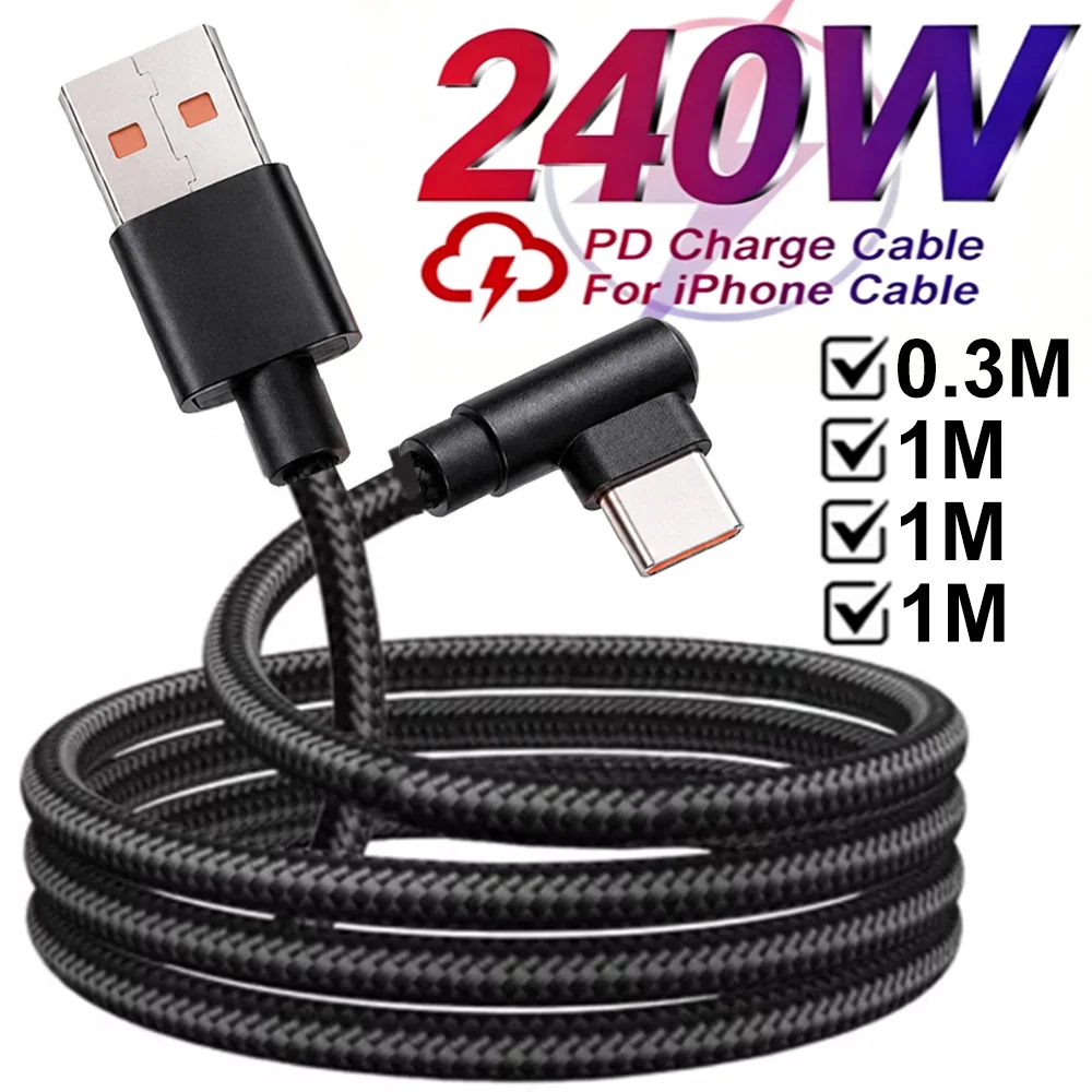 USB A To Type C 240W 10A Right-angle Super Fast Charging Cable 480Mbps High Power Charger Data Cord for Xiaomi/Samsung/Huawei