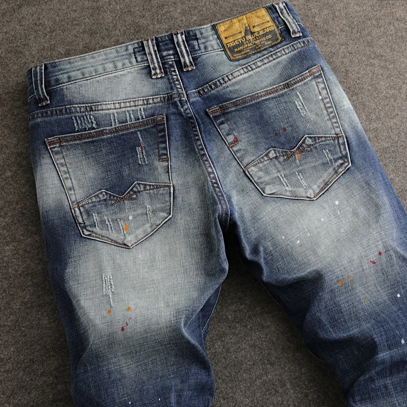 Street Fashion Men Jeans High Quality Retro Washed Blue Stretch Slim Fit Ripped Jeans Men Painted Designer Vintage Denim Pants