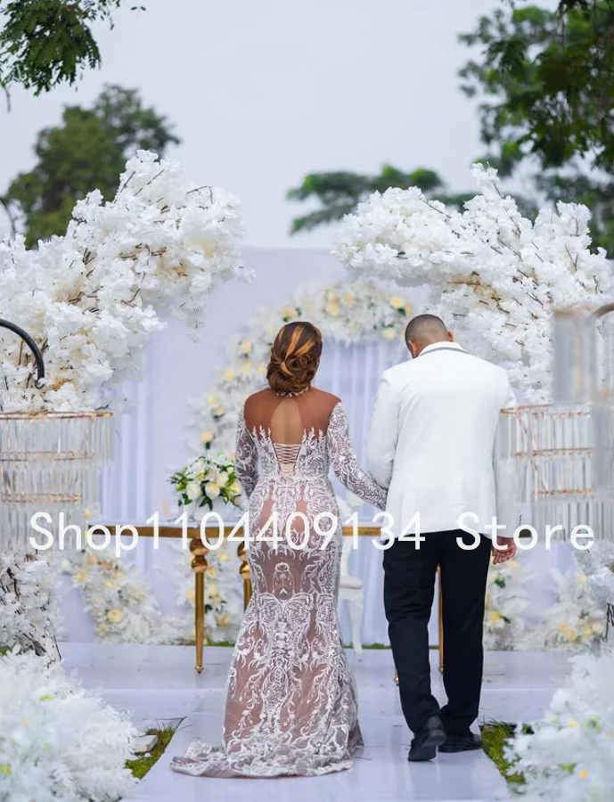 ヌードホワイトマーメイドアフリカビーチウェディングドレス長袖アップリケシアーネックレースアップガーデンブライダルドレスカスタムサイズ衣装