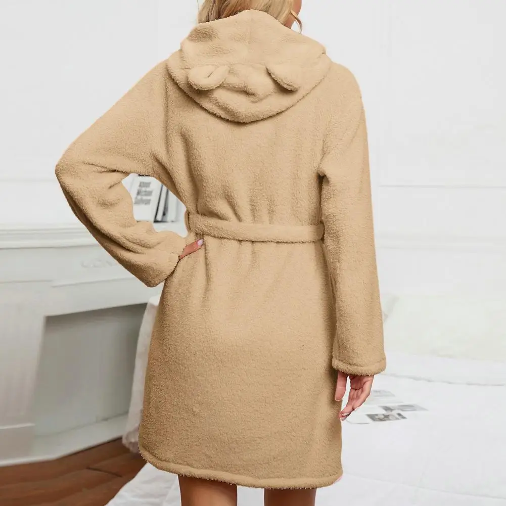 Hot Winter Gewaad Zakken Riem Pluche Nachtjapon Vrouwen Winter Warm Hooded Dubbelzijdig Fleece Korte Badjas Roupões De Banho