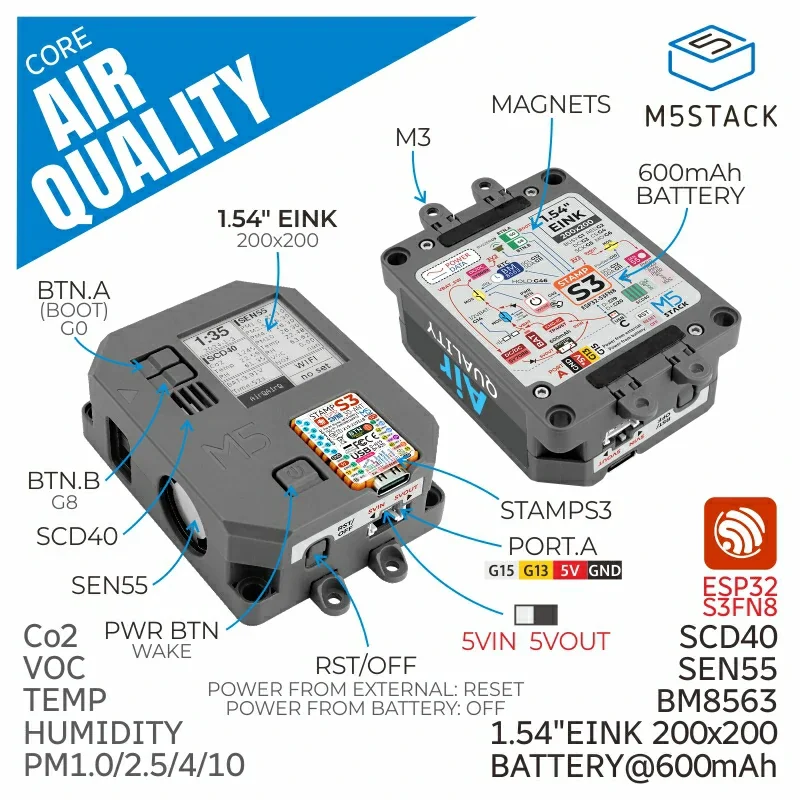 

Официальный комплект качества воздуха M5Stack с M5StampS3 (SEN55, SCD40)