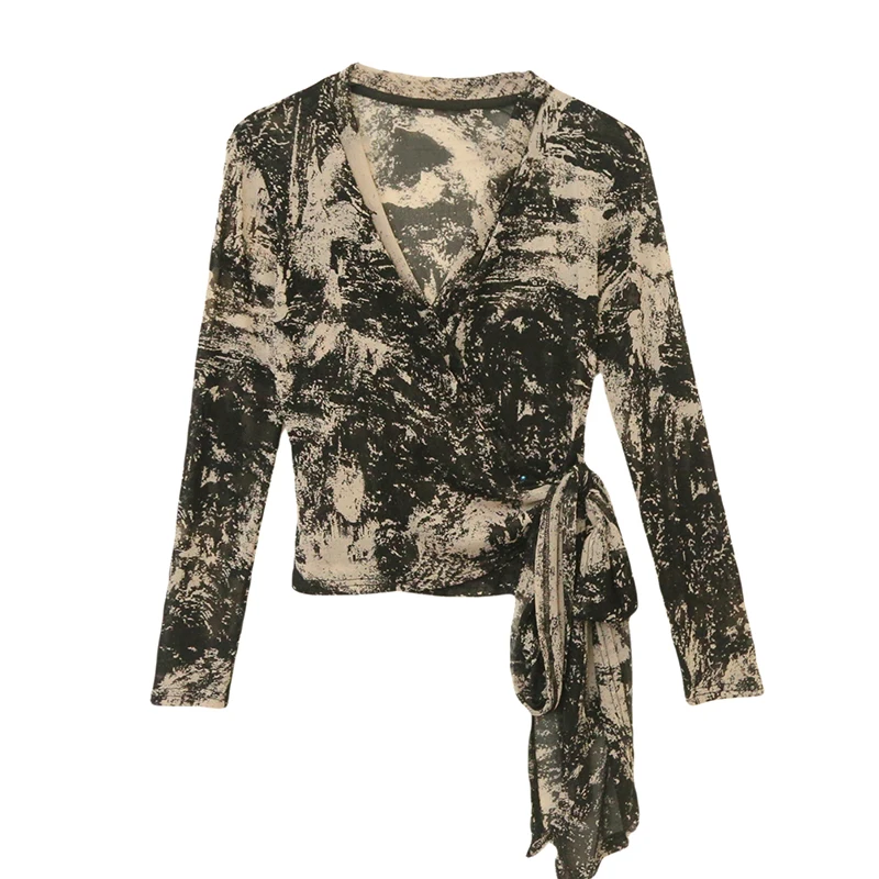 MadBlack-Women's European T-Shirt, Sexy V Neck Print Ribbon, Streetwear Long Sleeve Slim S-3XL Mesh Tee, 2025 Summer T54025CC