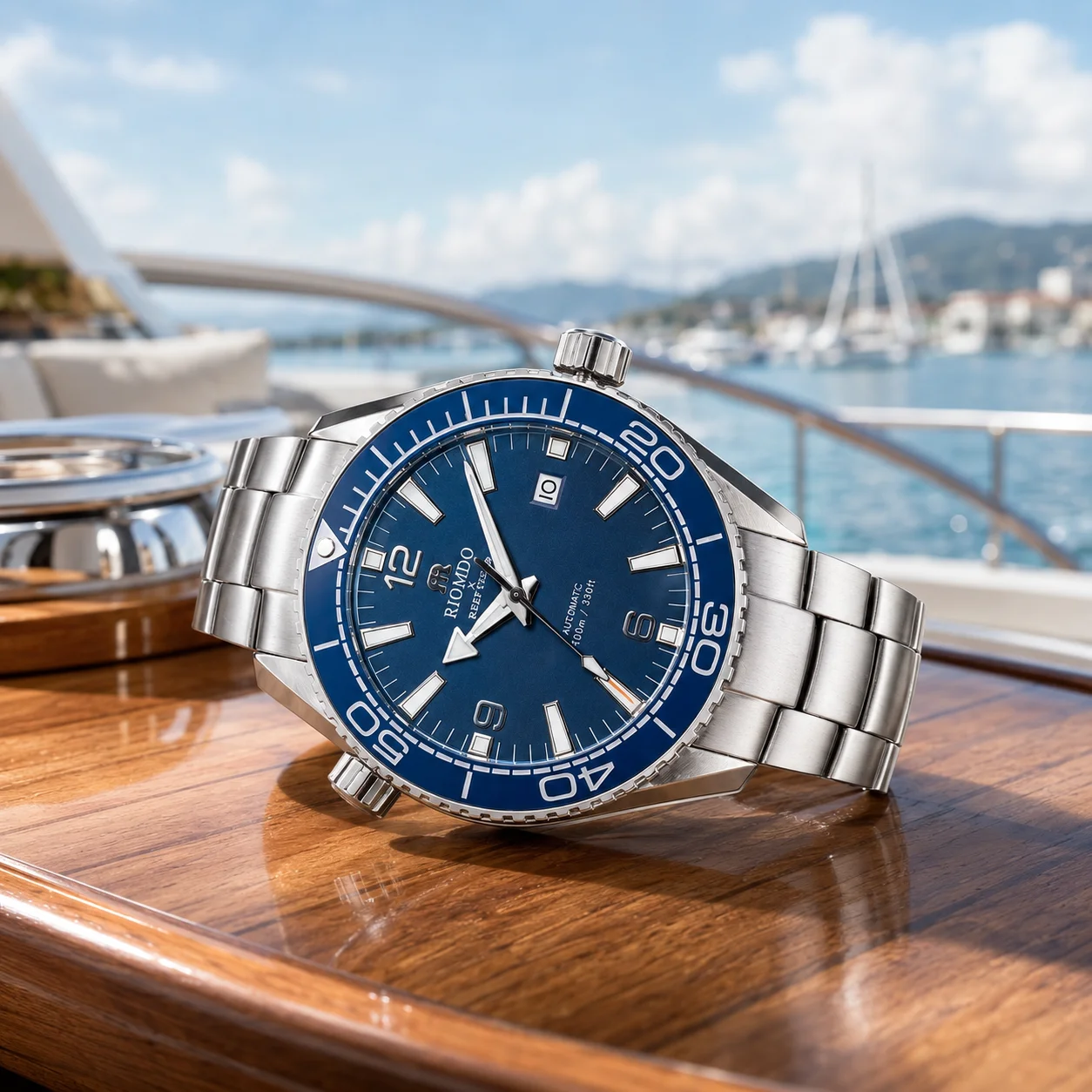 RIOMDO Men's Mechanical Automatic Watch Ocean Blue Dial with Date Luminous 50m Waterproof Stainless Steel Sport Watch RD-513