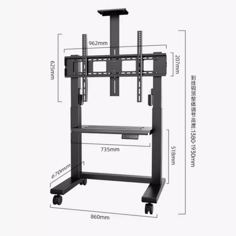 52-86 Inch Electrically Height Adjustable Motorized TV Cart Remote Control Electric Mobile TV Stand for Office Conference