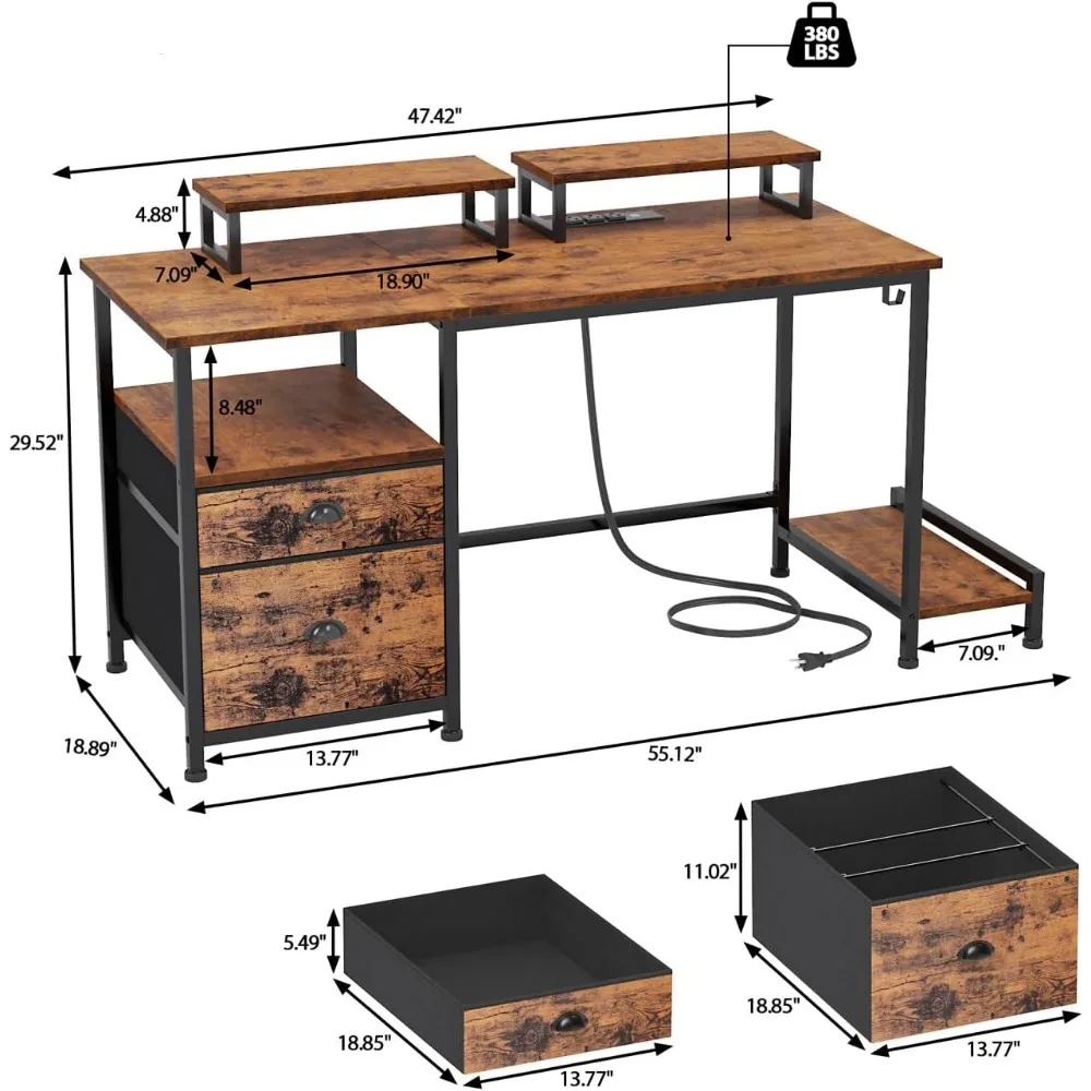 47" Computer Desk with File Cabinet and Power Outlets, Home Office Desk with 2 Monitor Stands and Storage Drawer, Writing Gamin