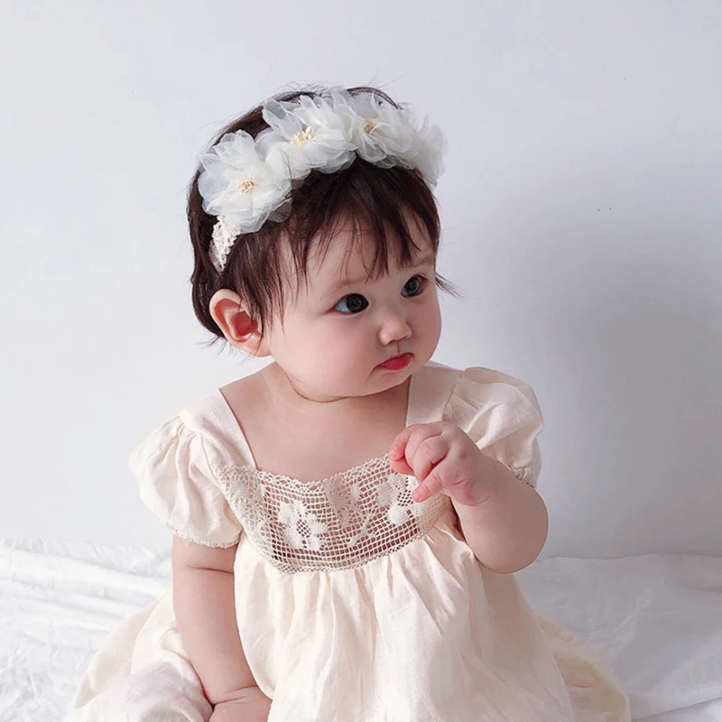 Cute Baby Baptism Headbands Elastic Lace Headbands Chiffon Flower Headwear for Infants