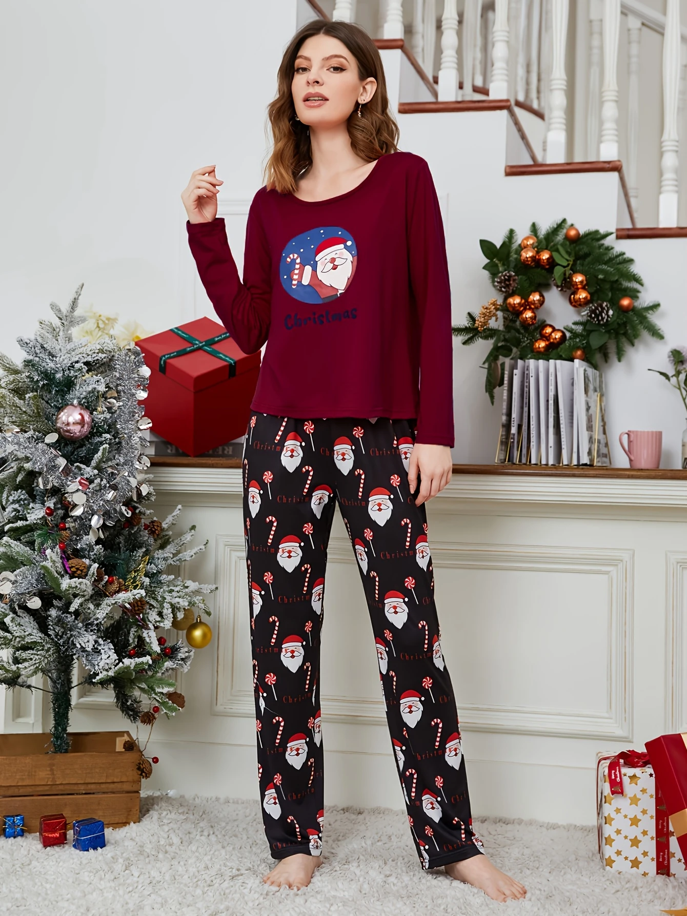 Christmas Santa Claus Print Pajamas for Women Long Sleeves Sleepwear Leisure O-neck Loungewear Lovely Girl Pijamas