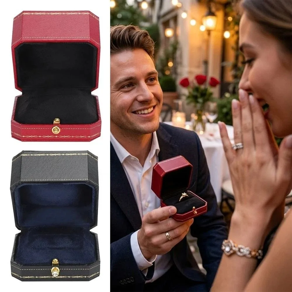 Elegant Leather Ring Box Ring Display Retro Pattern Ring Holder Case Jewelry Box Gift