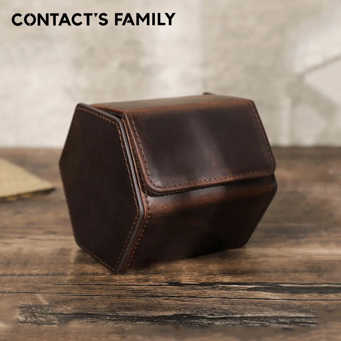 CONTACT\'S FAMILY Cowhide Leather Luxury Single Watch Storage Case Handmade Retro Travel Portablel Watch Holder with Pillow