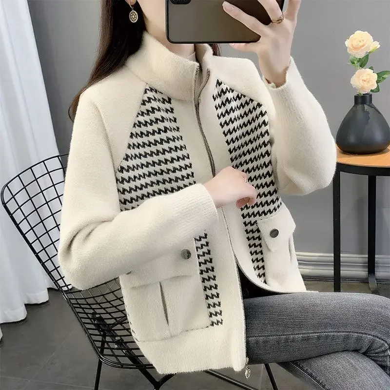 

Vintage Double-sided Women Coats Autumn Winter Jacket Patchwork Zipper Knitted Cardigan Stand-up Collar Sweater Outerwear Tops