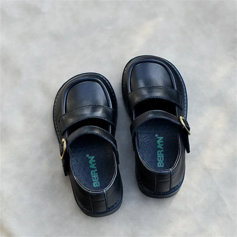 Children's Girls Genuine Leather Flat Shoes Campus Leather Shoes Black Soft Cowhide Korean Version Kids Princess Shoes Comfort
