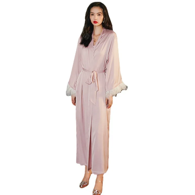 New Ice Silk-like Pajamas Women's Spring Autumn Long Sleeves Satin Feather Robe Suspender Trousers Housewear Set Sexy Sleepwear