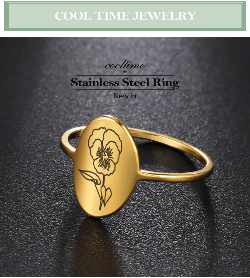 COOLTIME Blumenringe zum 12. Geburtsmonat für Frauen, Edelstahl, oval, Siegel, ästhetische Ringe, Schmuck, Freund, Liebhaber, Geburtstagsgeschenk – Detail 2