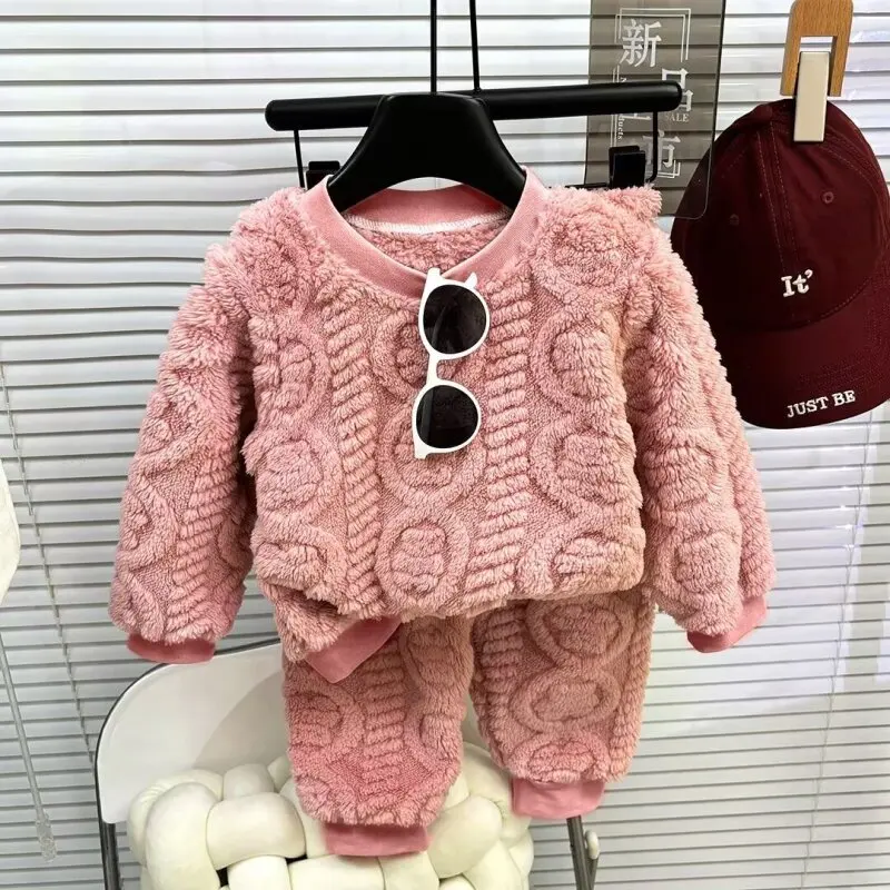 

2024 New winter Baby Boy Girl Thicken Pajamas Set Flannel Fleece Sleeping Clothing Sets Warm Sleepwear Kids Home Suit