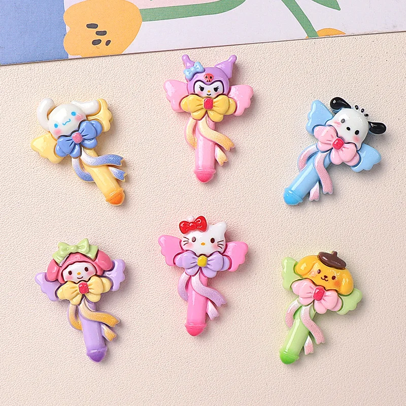 6 Pcs New Kawaii Cartoon Kitten, Puppy Bow knot Magic wand Resin Flat Back Scrapbook Figurine DIY Bow Decor Accessories Crafts