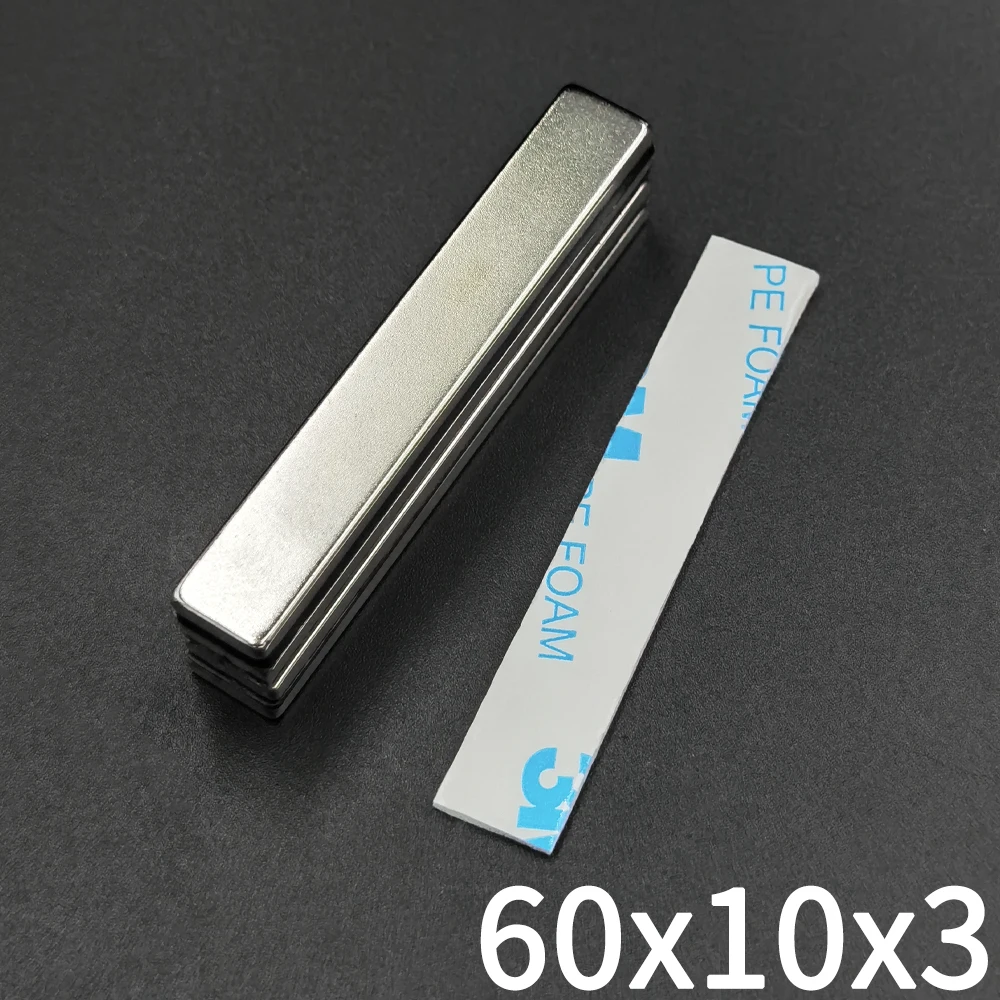 Neodymium Rectangle with Double Sided Adhesive, Super Powerful, Strong, Permanent Magnetic, NdFeB Block, 60x10x3 N35, 10 Pcs