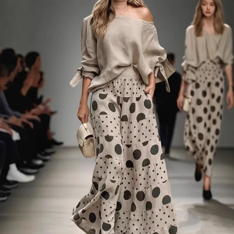 Women Off Shoulder Loose Blouse Polka Dot Patchwork Wide Leg Pants Two Piece Casual Matching Set With Pockets