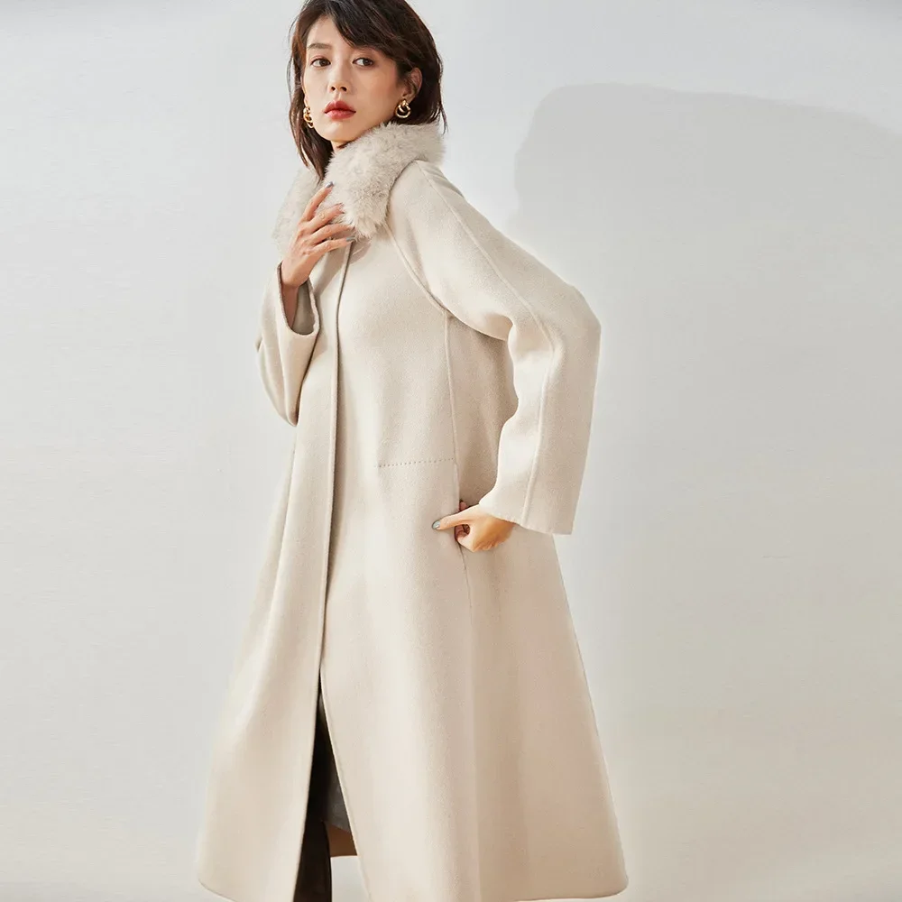 

Autumn and winter A-type medium and long fur collar loose fashion lace-up double-sided cashmere coat coat women