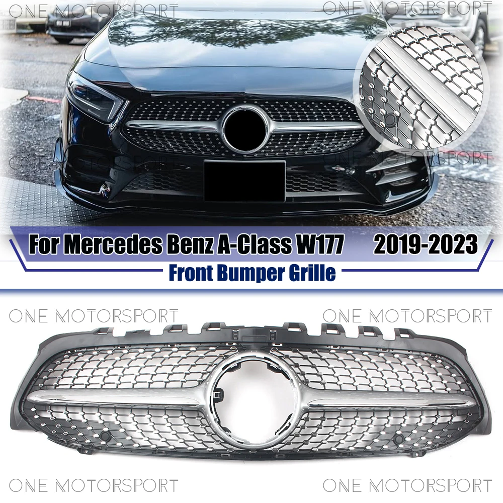 

Chrome Silver For Mercedes Benz A-Class W177 19-23 A200 A220 A250 A35 AMG Without 360 Camera Hole Diamonds Style Front Grille