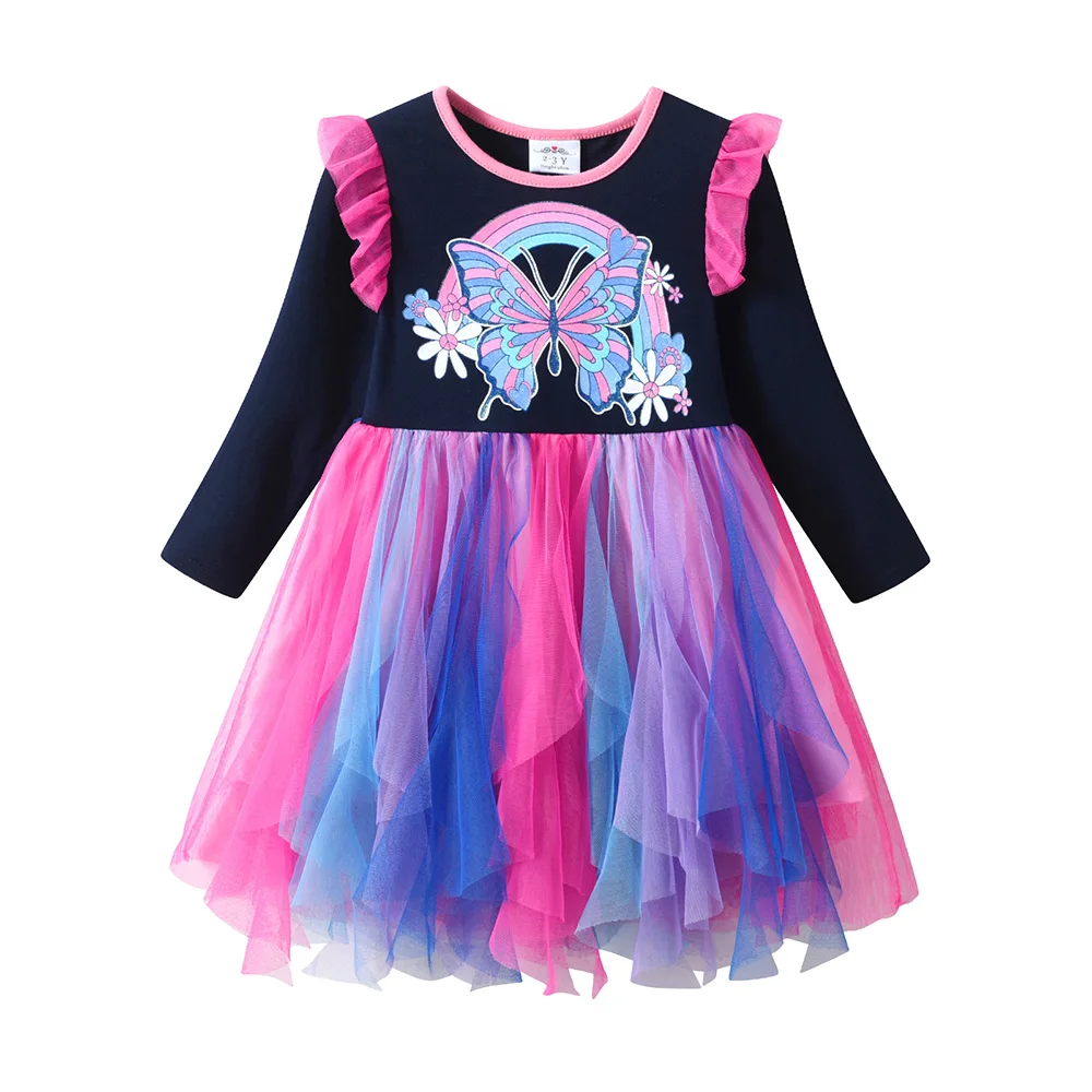 VIKITA Girls Butterfly Flower Print Long Sleeve Autumn Spring Multicolor Rainbow Irregular Dresses Kids Layered Tutu Party Dress