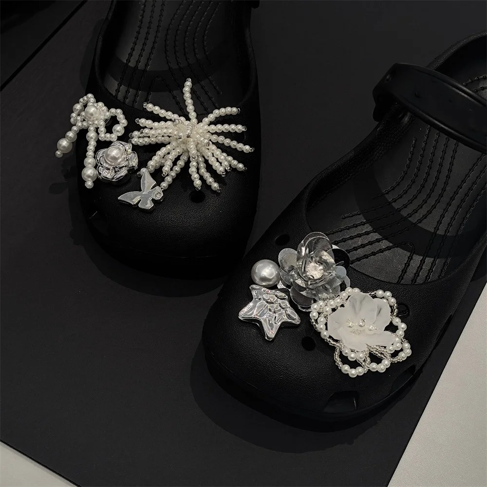 Fashino New 1 Set Mary Jane Ballet Shoe Charms with Flower Beads Pearl Bow Buckle Crystal Shoe Decoration Accessories image 2