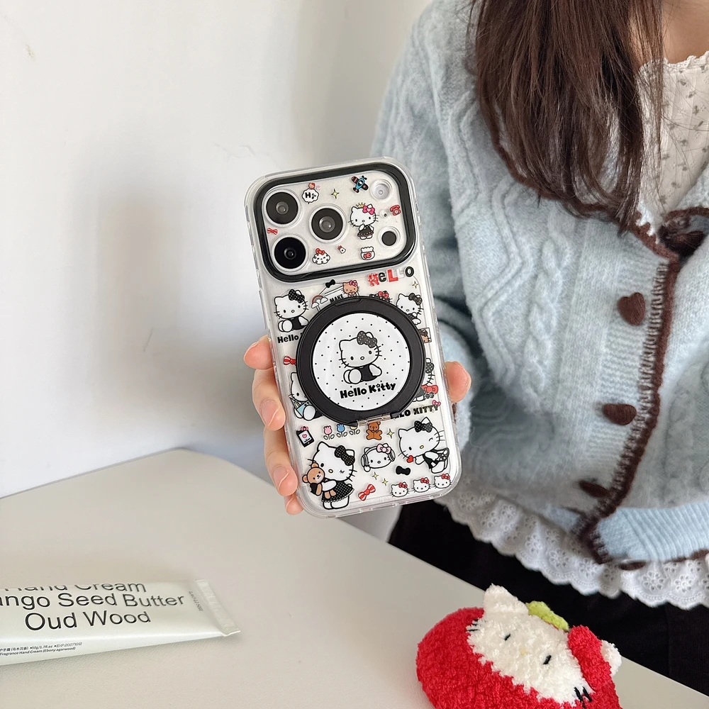 

Милый мультяшный персонаж Sanrio Hello Kitty 360 ° Вращающийся скрытый металлический держатель-кольцо для чехлов iPhone 17, 16, 15, 14 Pro Max