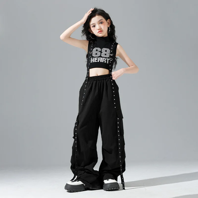 

Kid Kpop Hip Hop Clothing Black Mock Neck Strap Tank Crop Top Casual Rivet Cargo Pants for Girl Jazz Dance Wear Costumes Clothes