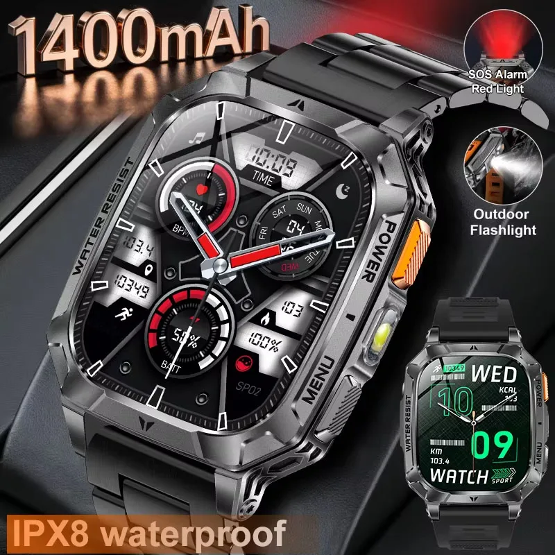 

Мужские умные часы с Bluetooth-вызовами, фонариком, спортивные, тактические, водонепроницаемые, IP68, с функцией отслеживания фитнес-активности, аккумулятор 1400 мАч, прочные, в стиле милитари