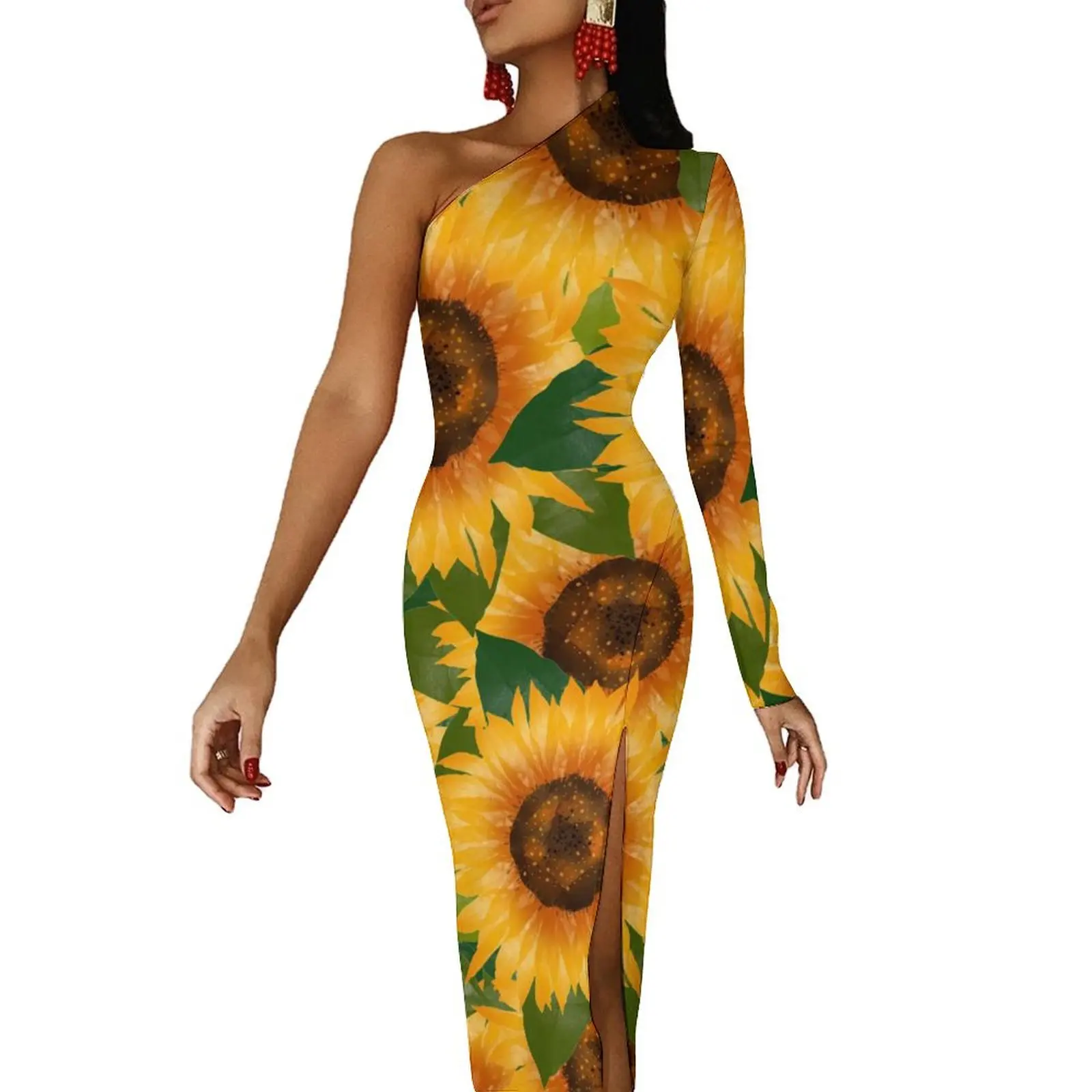 

Yellow Sunflower Maxi Dress Long Sleeve Flowers Print Aesthetic Bodycon Dresses Spring Sexy Dress Women Custom Vestido