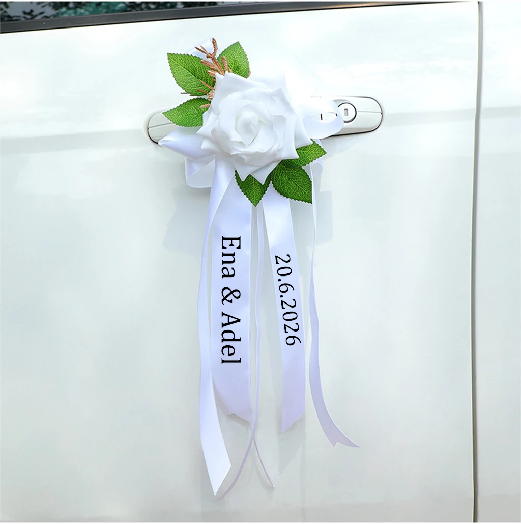 Custom European Style Wedding Car Bow Rearview Mirror Wedding Decoration Door Handle Strap Simulated Rose Custom Bow And Ribbon image 4