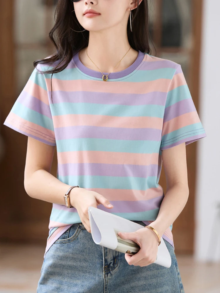 Summer Short Sleeved T-Shirts For Women 2025 Loose O Neck Korean Style Tops Cotton Striped Tees Casual Ribbed Tshirts Female